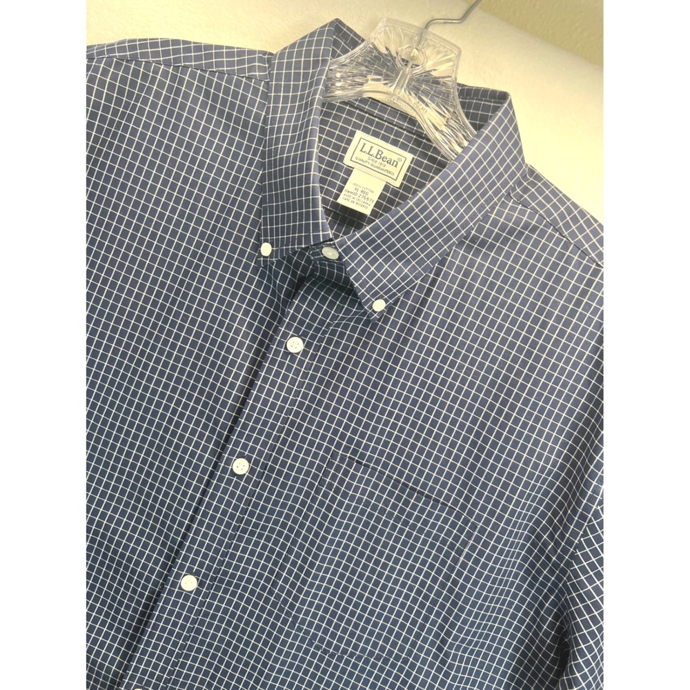 LL Bean Mens XL Regular Wrinkle Free Traditional Fit Navy Blue Grid Check Shirt